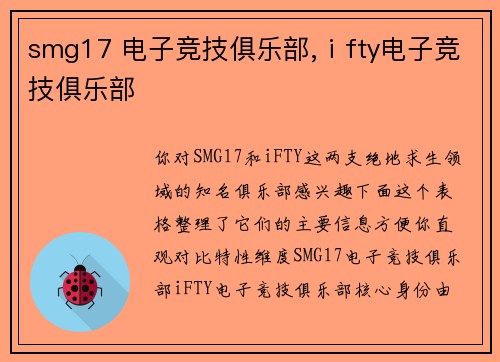 smg17 电子竞技俱乐部,ⅰfty电子竞技俱乐部