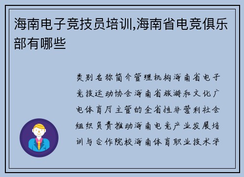 海南电子竞技员培训,海南省电竞俱乐部有哪些